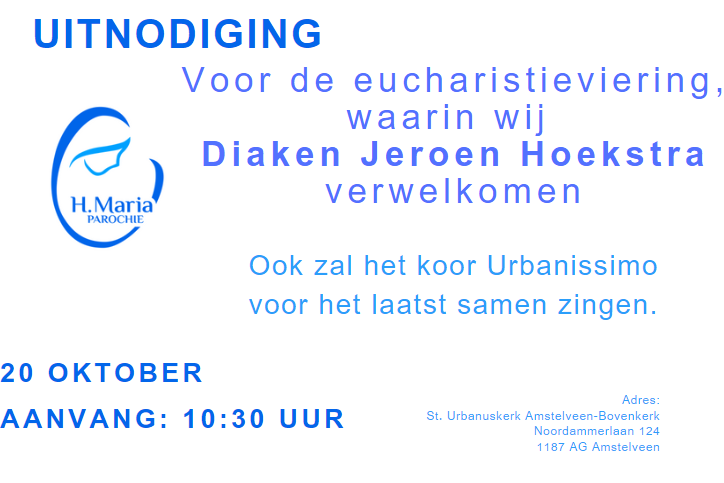 Uitnodigng dienst verwelkoming Jeroen Hoekstra